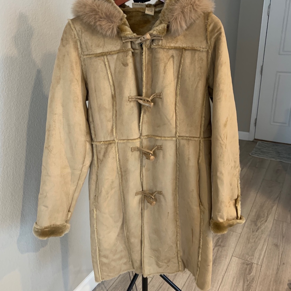 Ruff Hewn Faux Fur and Suede Long Tan Coat-size M